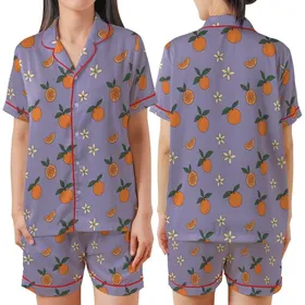 Citrus Lover's Whimsical Hand-Drawn Lavender Orange Blossom Blouse Satin Short-Sleeve Pajamas Set