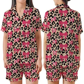 Women's Black Leopard Spots Hot Pink & White Bows Pattern Leggings Satin Short-Sleeve Pajamas Set