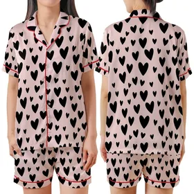 Whimsical Scattered Black Hearts - Playful Pastel Pink Style Satin Short-Sleeve Pajamas Set