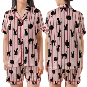 Cat Lover's Whimsical Black Cartoon Cats Thin Dark Red Stripes Pastel Pink Pattern Satin Short-Sleeve Pajamas Set