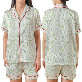Botanical Oasis Mint Sage Pink Lime Watercolor Foliage Tunic Satin Short-Sleeve Pajamas Set