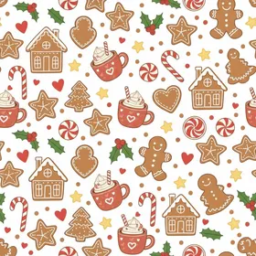 Whimsical Gingerbread Wonderland: Cookie, Candy Cane & Hot Cocoa Holiday Scatter Print Satin Pajamas Set
