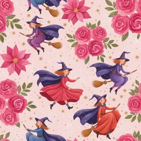 Whimsical Witch Story: Hand-drawn Cartoon Witches, Fuchsia Roses & Gold Stars on Pink Design Satin Pajamas Set