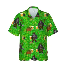 Primates Oktoberfest Hawaiian Pattern: Lederhosen Gorillas, Beer Steins, Hops, Pretzels, Emerald Green Short-sleeve Hawaiian Shirt