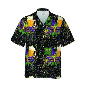 Mardi Gras Mask Tropical Sublimation Design | Gold Purple Green Beads, Beer Steins, Feathers Short-sleeve Hawaiian Shirt