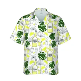 Tequila Celebration Hawaiian Pattern: Bottles, Shot Glasses, Salt, Agave, Lemon Slices Short-sleeve Hawaiian Shirt