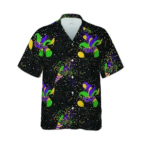 Mardi Gras Masks Jester Hats Confetti Poppers Balloons Purple Green Yellow Black Sparkle Short-sleeve Hawaiian Shirt