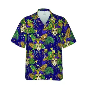 Mardi Gras Venetian Mask Harlequin Jester Tropical Foliage Violet Gold Pattern Short-sleeve Hawaiian Shirt