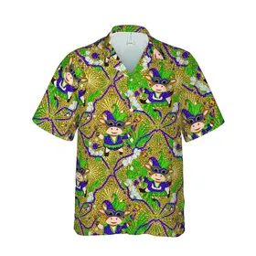 Hawaiian Chibi Cow Mardi Gras Print: Jester Hats, Feathered Masks, Glittery Costumes Design Short-sleeve Hawaiian Shirt