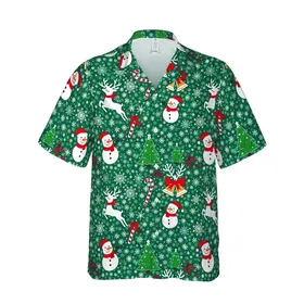 Hawaiian Style Snowmen Leaping Reindeer Christmas Trees Bells Candy Canes Red White Green Deep Teal Orange Short-sleeve Hawaiian Shirt