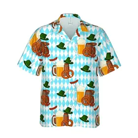 Bavarian Oktoberfest Hawaiian Beer Stein Pretzel Sausage Hat Barrel Motif Design Short-sleeve Hawaiian Shirt