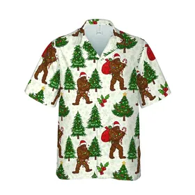 Holiday Bigfoot Hawaiian Pattern: Festive Yeti Forest, Snow Pines, Holly, Cream Red Green Tones Short-sleeve Hawaiian Shirt