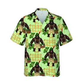 Bavarian Gorilla Tropical Oktoberfest: Lederhosen, Beer Stein, Hops & Pretzel Vines Short-sleeve Hawaiian Shirt