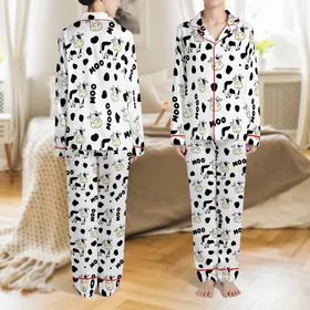 Curious Cartoon Cows: Happy Faces, Bold Black Spots, MOO Text - White Farm Pattern Satin Pajamas Set