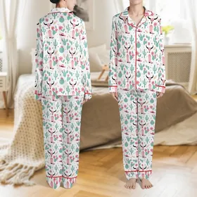 Western Dreamer: Pink Cowboy Boots, Bull Skulls & Teal Cactus Bloom – Desert Fashion Piece Satin Pajamas Set
