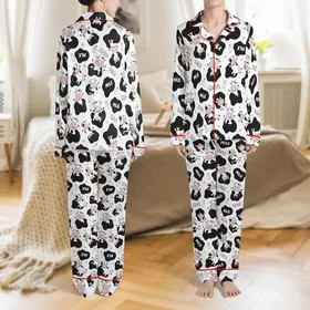 Dairy Fan's All-Over Scattered Cartoon Cows Holstein Milk MOO Black White Pink Pattern Satin Pajamas Set