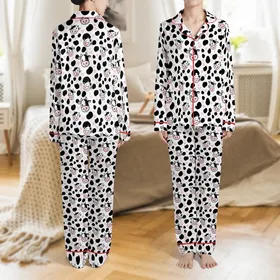 Dairy Farm Cow Head Black Spot Pastel Pink Heart Pattern Graphic Satin Pajamas Set