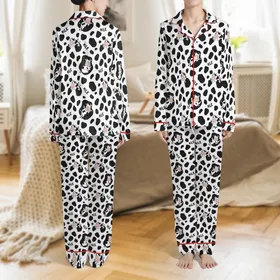 Dairy Farm Fan White Black Holstein Spots All-Over Cartoon Cows Pink Snouts MILK Word Satin Pajamas Set
