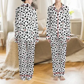 Farm Animal Bovine Pattern: White Field Black Rounded Spots, Pink Snout Brown Hoof Cows, 'Moo' Word Repeat Satin Pajamas Set