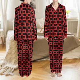 Outdoorsman's All-Over Red Black Buffalo Plaid Pine Tree Bear Head Silhouettes Satin Pajamas Set