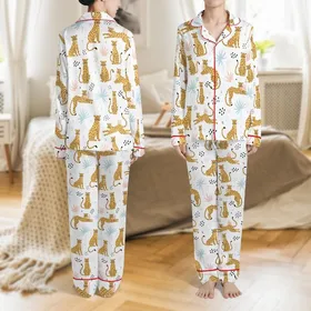 Leopard Ochre Yellow Poses Black Spotted Palm Leaf Light Blue Pink Accent Dots White Design Satin Pajamas Set