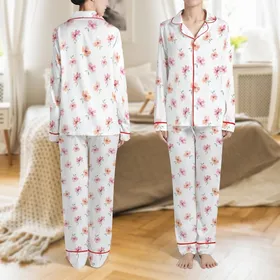 Women's Ivory White Background, Rose Pink Blush Peach Floral Elements, Sage Green Stem Accents Satin Pajamas Set