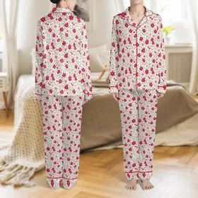 Botanical Wildflower Design: Hand-Drawn Ruby Red, Blush Pink, Mustard Blooms Print Satin Pajamas Set