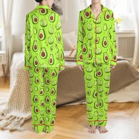 Avocato Cat-Avocado Happy Faces Sleeping Cats Lime Green Accent Apparel Satin Pajamas Set