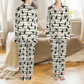 Black Cat Silhouettes Scattered Off-White Light Grey Black Horizontal Stripe Irregular Pattern Satin Pajamas Set