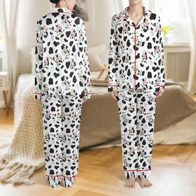 Farm Animal Theme All-Over Black White Cow Spot Cartoon Cows Milk Cartons Design Satin Pajamas Set