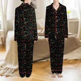 Feline Lover Black Cat Golden Outline Red Blue Yellow Green Christmas Lights Hearts Satin Pajamas Set