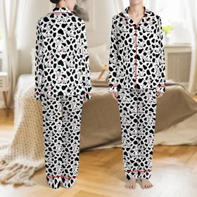 Cow Motif: Stylized Cartoon Cows, Black Spots, Pink Noses, White Background Moo Print Satin Pajamas Set