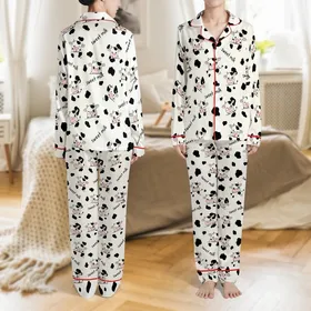 Baby Cow Fan: Playful Cartoon Calves Winking, Pink Cheeks, Black Spots & Sweet Milk Script Satin Pajamas Set