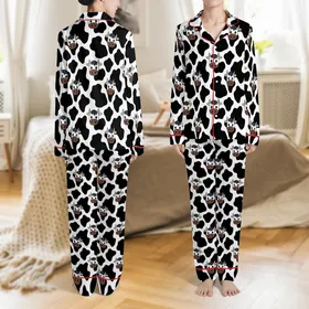 Cattle Lover's White Black Organic Cow Spot Pattern, Brown Muzzle Cartoon Cow Faces Satin Pajamas Set