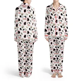 Smiling Cow Faces MOO~ Print: Black Outline, Orange Horns, Pink White, Taupe Spots Satin Pajamas Set
