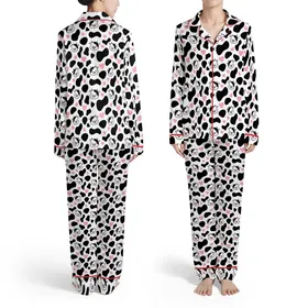 White Black All-Over Cow Spot Pattern, Cartoon Cow Faces, Pink Cheeks, Solid Hearts Satin Pajamas Set