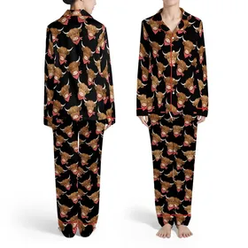 Highland Cow Heads Black Background Red Polka Dot Bandanas Warm Brown Fur Gray Horns Pink Noses Satin Pajamas Set