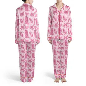 Women's Pastel Pink Footwear Pattern: Cowboy Boots, Ballet Slippers, High Heels, Mary Janes, Bows, Hearts & Stars Satin Pajamas Set