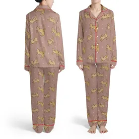 Cat Lover All-Over Scattered Wobbly Outline Feline Figures Golden Beige Star Heart Dusty Rose Satin Pajamas Set