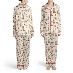 Western Desert Boots Pink Floral Hearts Hats Wildflowers Blue Ribbons Cacti Cream Print Satin Pajamas Set