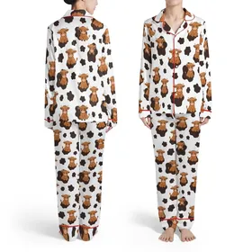 Highland Calves Reddish Brown Fur Dark Brown Patches White Background Sitting Standing Peeking Satin Pajamas Set