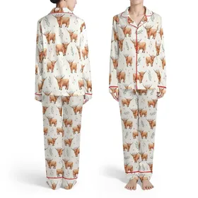 Highland Cows Calves Floral Wreaths Pink Rose Sage Green Blue Foliage Off-White Satin Pajamas Set