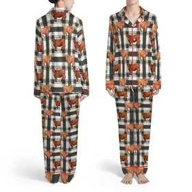 Highland Cattle Distressed Charcoal Black Off-White Buffalo Plaid Red-Brown Burnt Orange Pattern Satin Pajamas Set