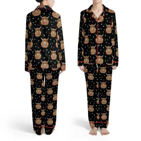 Highland Calves Multicolored Christmas Lights Black Sky Yellow Pink Stars Satin Pajamas Set