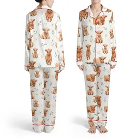Highland Cow Fan Watercolor Calves Daisy Foliage Pattern Fabric Satin Pajamas Set