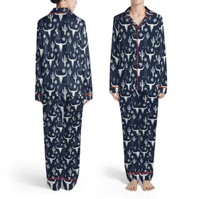 Scattered Bull Skull Longhorn Saguaro Cactus Cowboy Boot Wildflower Navy Off-White Satin Pajamas Set