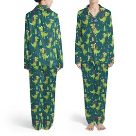 Dinosaur T-Rex: Lime Green Santa Hat Dinosaurs, Red Scarves, Presents, Stars, 'FA LA LA RAWR' Satin Pajamas Set