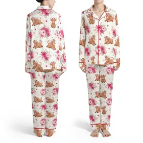 Baby Highland Calves Flower Crown Fuchsia Pink Gerbera Daisy Cherry Blossom Butterfly Hearts Berries Satin Pajamas Set