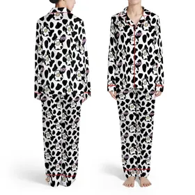 White Black Irregular Cow Spots, Cartoon Cow Figures, Pink Black Outlined MOO Satin Pajamas Set