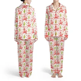 Cowboy Cowgirl Horse Riders Bow Arrows Hearts Cactus HOWDY Pink Off-White Satin Pajamas Set